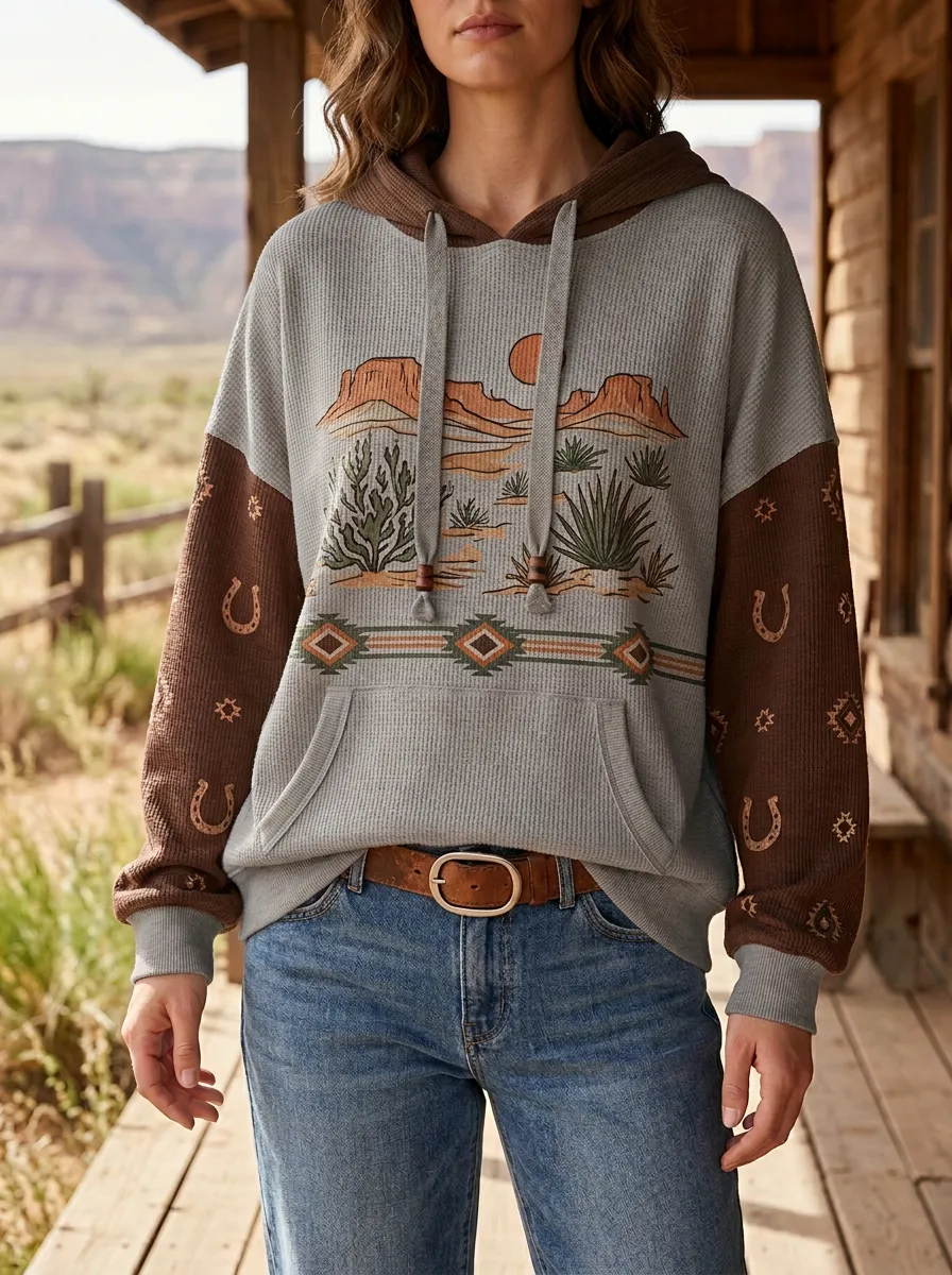 Women's Western Desert Cactus Horseshoe Printed Hoodie
