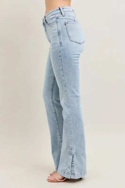 Full Size Tummy Control Vintage Wash Side Slit Slim Boot Jeans Plus Size