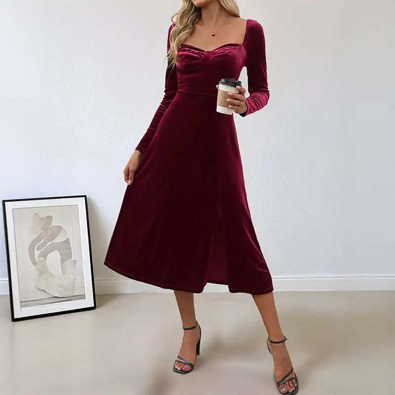 Women's Bodycon Velvet Ruffled Bridal Midi Dress