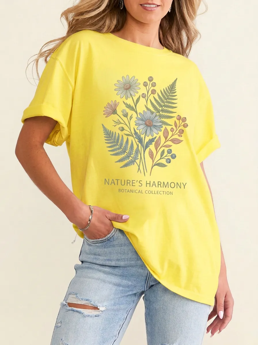 Women's Nature Lover Botanical Flower Bouquet Printed T-shirt