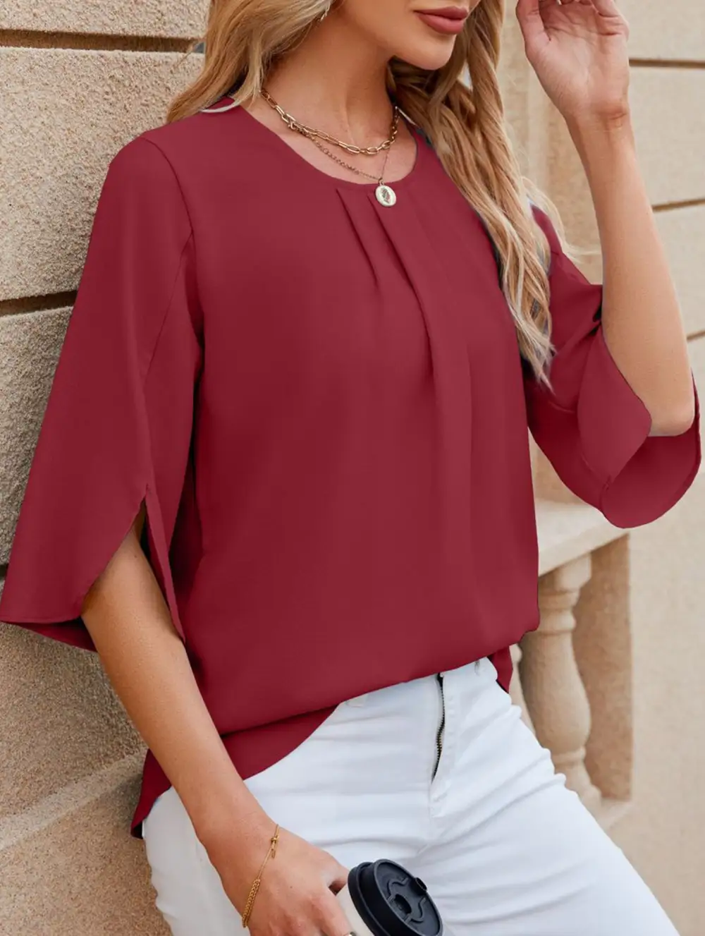Chiffon Crew Neck Half Sleeve Blouse