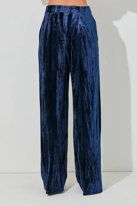 Navy Stretch Blend Velvet Wide Leg Pants