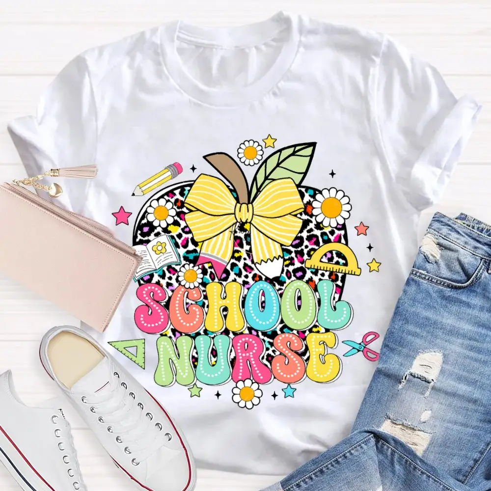 School Nurse Polka Dot Apple And Bow T-Shirt