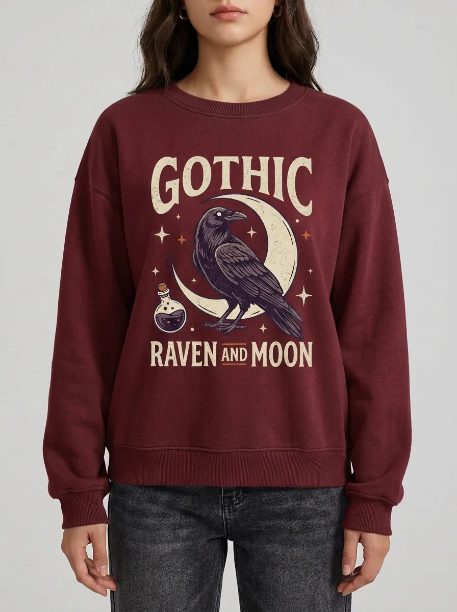 Women's Gothic Halloween Raven and Moon Printed Sweatshirt