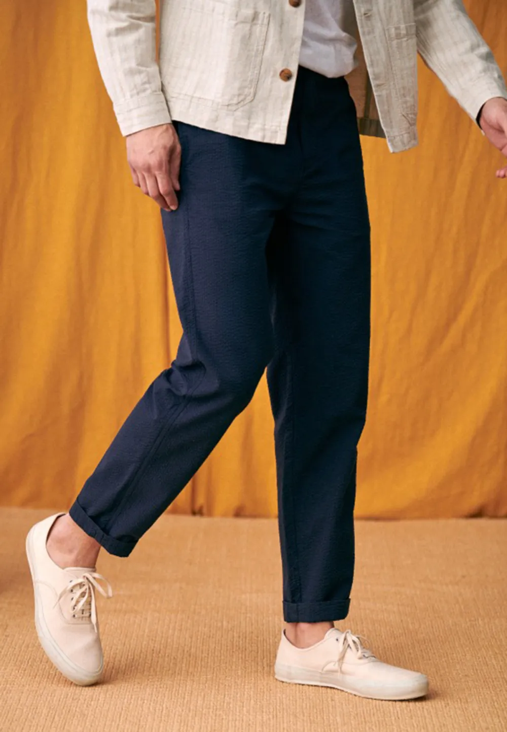 Navy Seersucker Drawstring Waist Casual Trousers