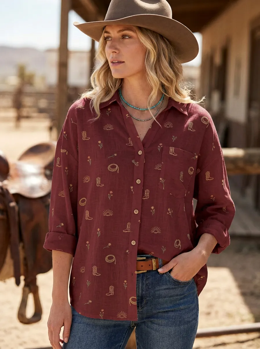 Women's Western Cowboy Boot Lasso Sun Printed Cotton Linen Shirt