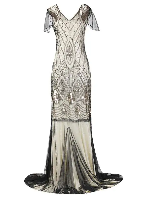 Layered Sequined Flapper V Neck Fringe Flapper Dress