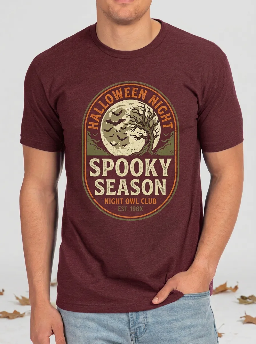 Men's Halloween Spooky Season Moon Bat Tree Printed T-shirt