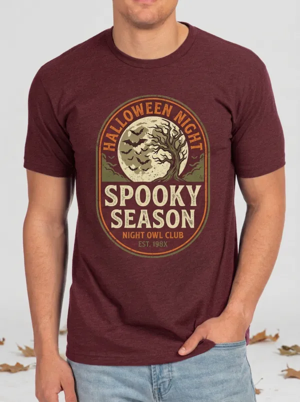 Men's Halloween Spooky Season Moon Bat Tree Printed T-shirt