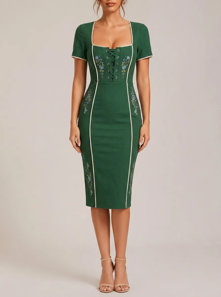 Women's Floral Embroidery Heritage Fitted Dress