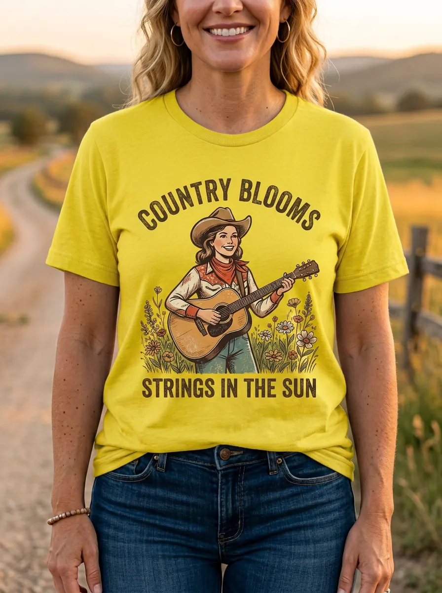 Country Music Cowgirl Guitar Floral Crew Neck T-Shirt