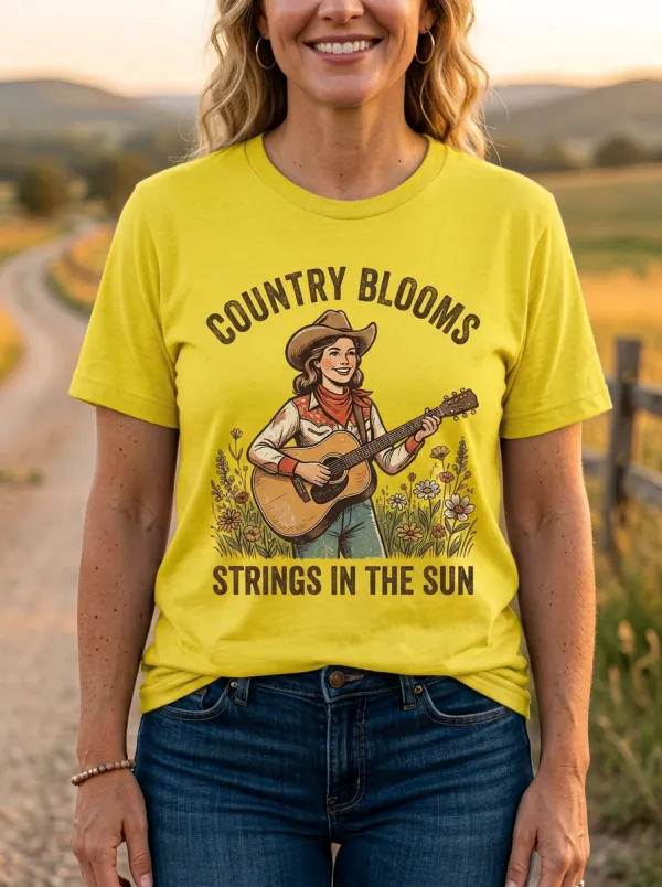 Country Music Cowgirl Guitar Floral Crew Neck T-Shirt