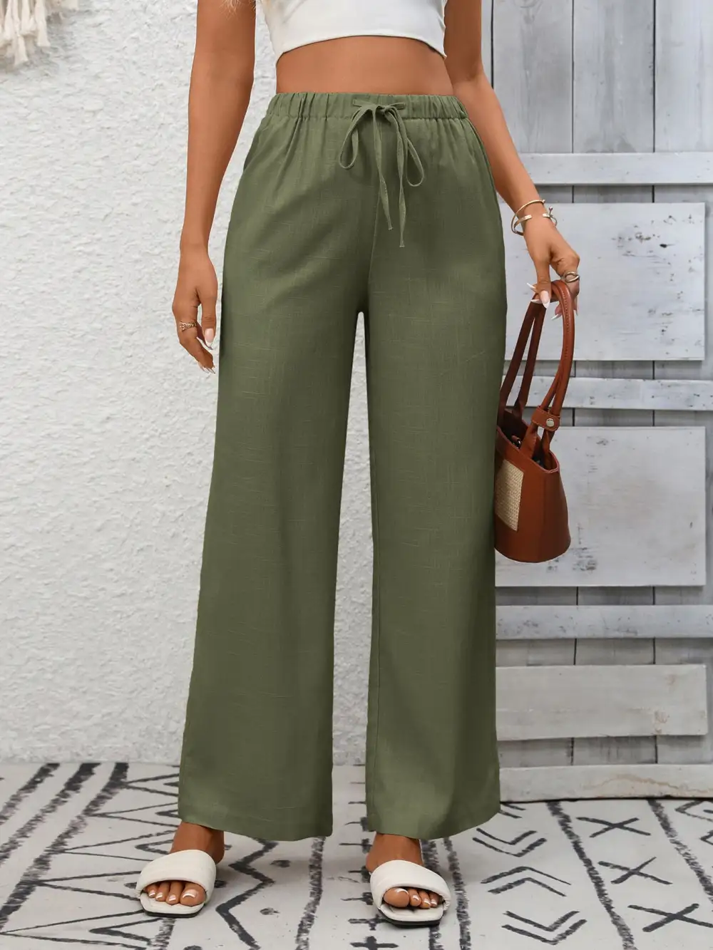 Drawstring High Waist Wide Leg Pants