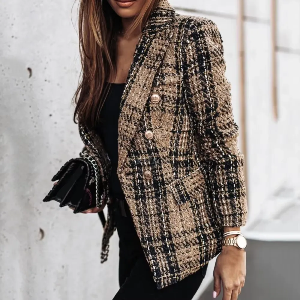 Double-Breasted Plaid Tailored Blazer