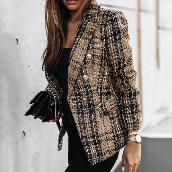 Double-Breasted Plaid Tailored Blazer