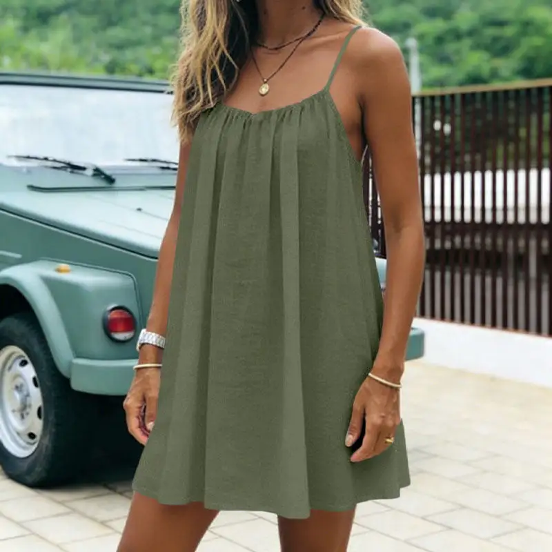 🌿Women's Summer Ruched Backless Cami Mini Dress, Spaghetti Strap A-Line Loose Fit Vacation Short Dress