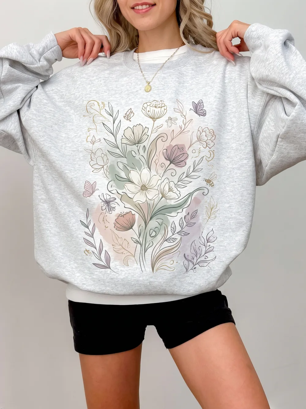 Women's Botanical Nature Lover Floral Butterfly Printed Sweatshirt