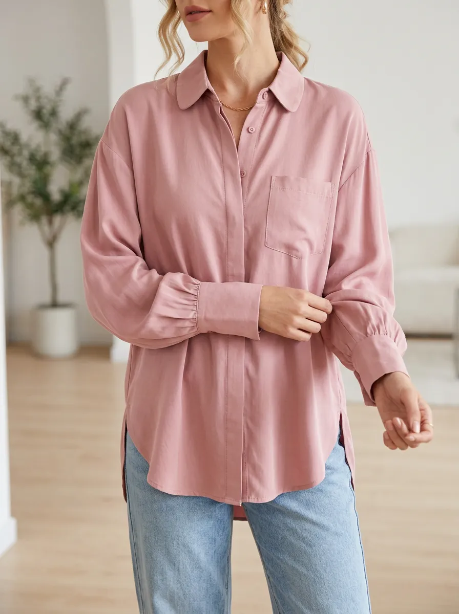 Pink Solid Color Button Down Long Sleeve Shirt