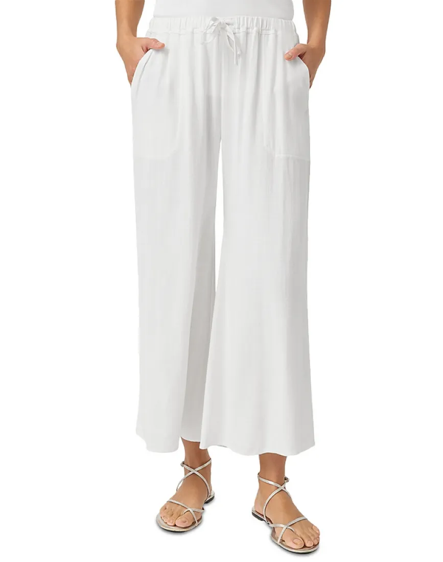 White Linen Blend Wide Leg Cropped Pants