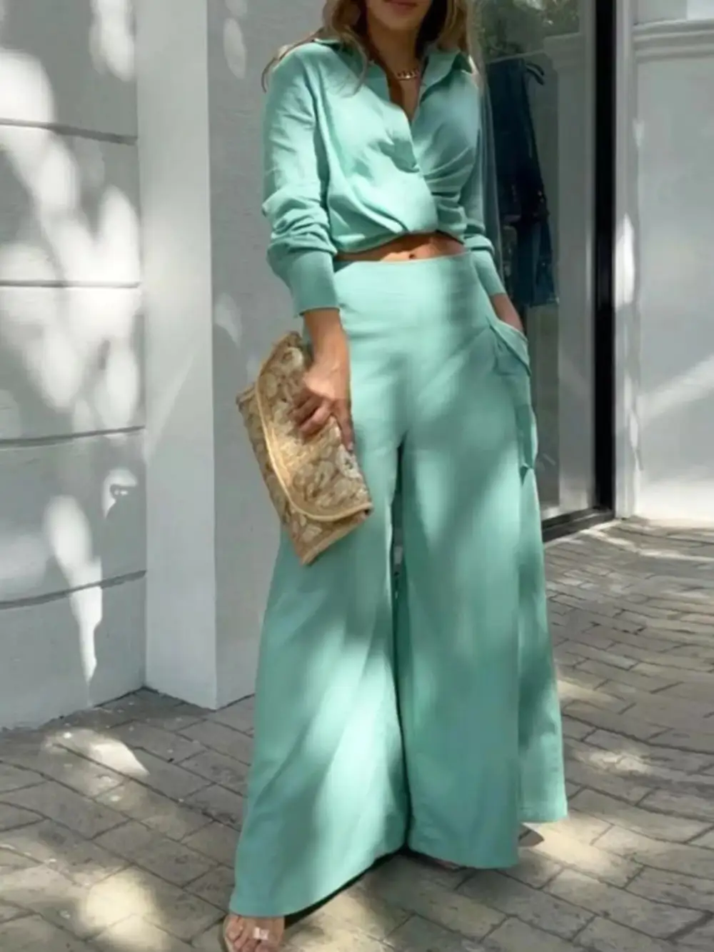 Long Sleeve Shirt Wide Leg Pants Set