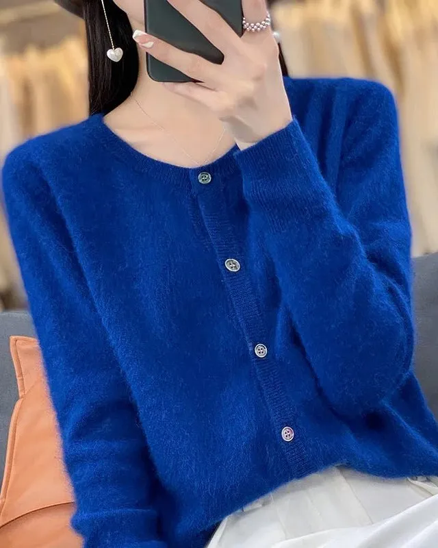 Classic Mink-Cashmere Cashmere Button-Front Crew-Neck Cardigan