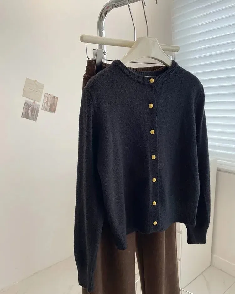 Classic Wool Button-Front Round-Neck Cardigan