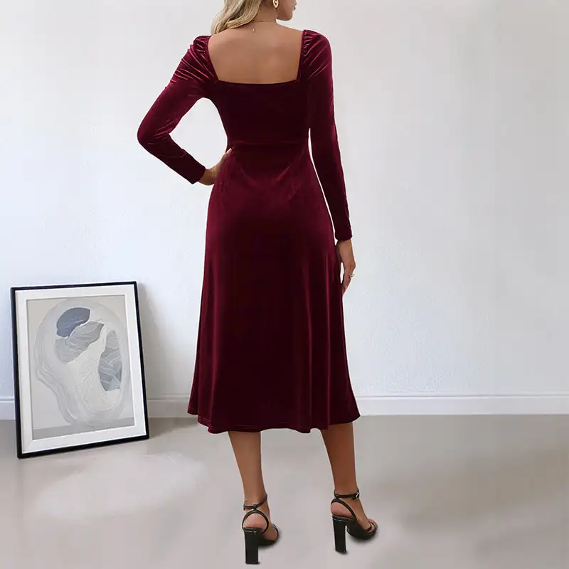 Women's Bodycon Velvet Ruffled Bridal Midi Dress