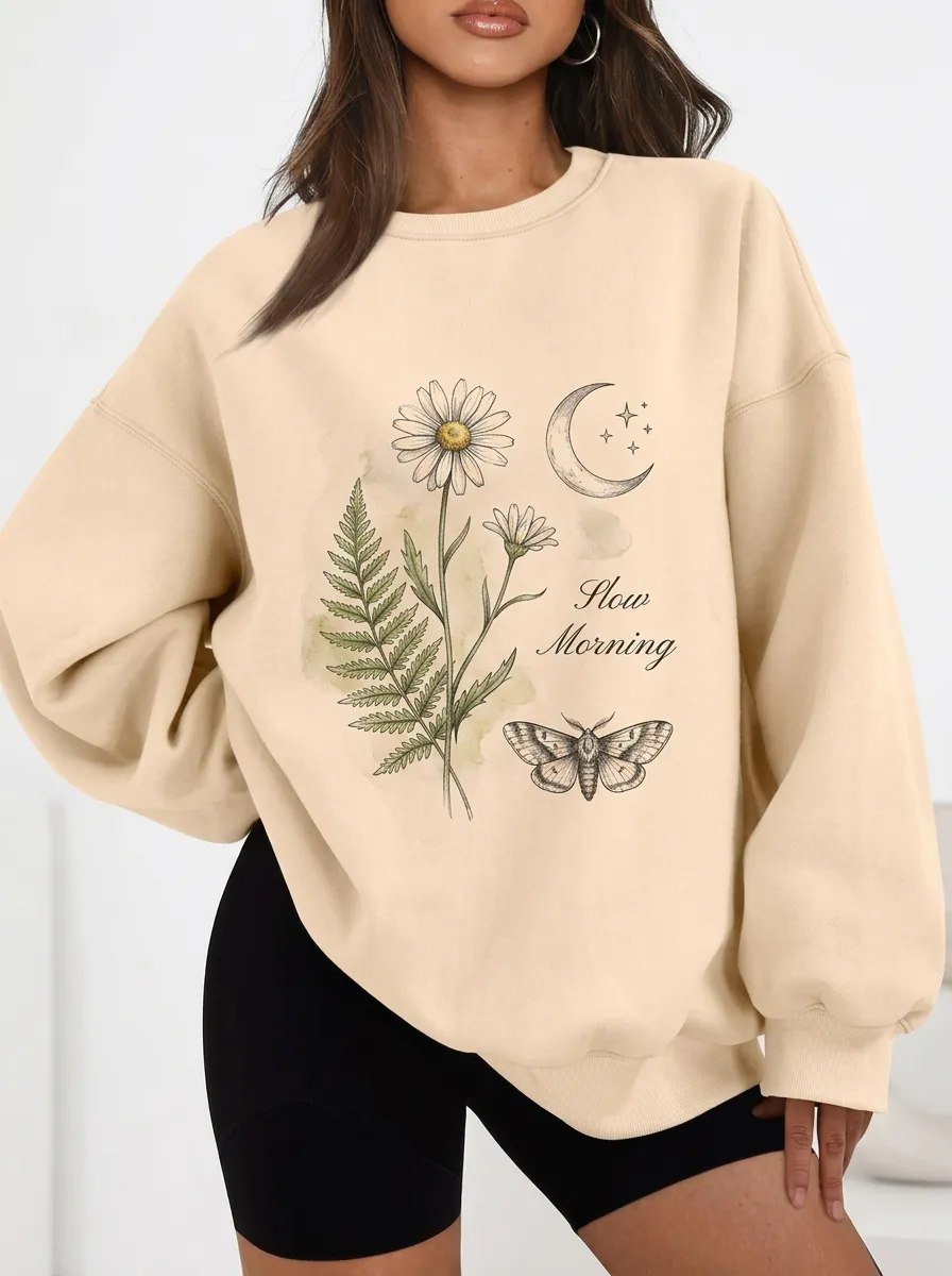 Women's Botanical Slow Morning Daisy Moth Moon Printed sweatshirt