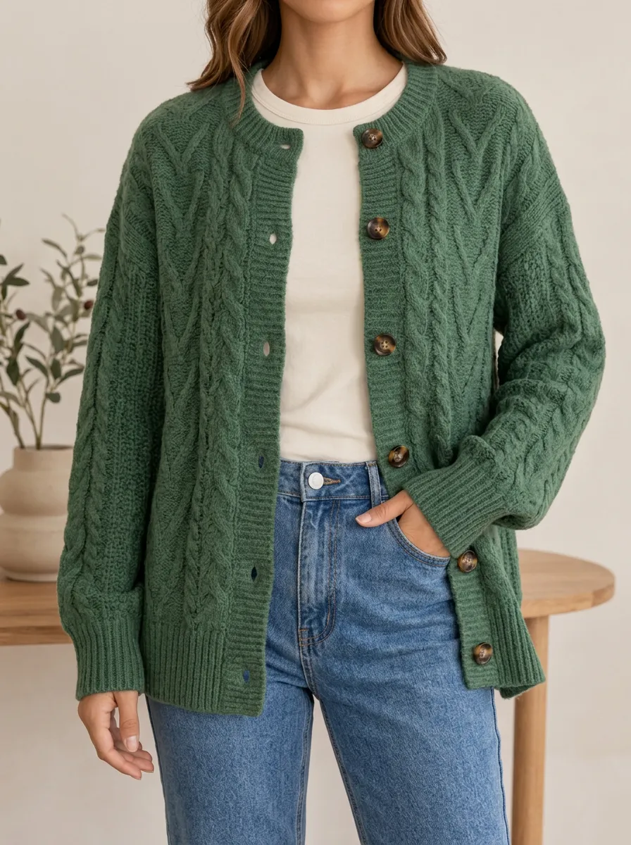 Women's Cable Knit Button Front Crew Neck Refined Cardigan