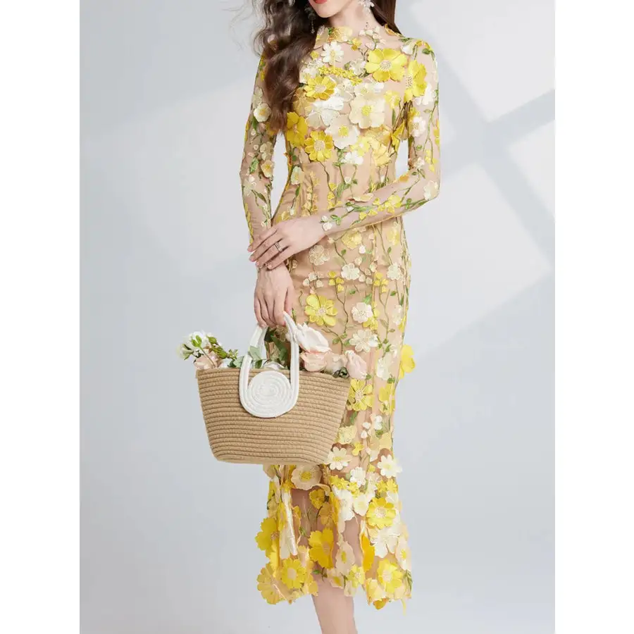 Embroidered Mesh Long Sleeve Midi Dress