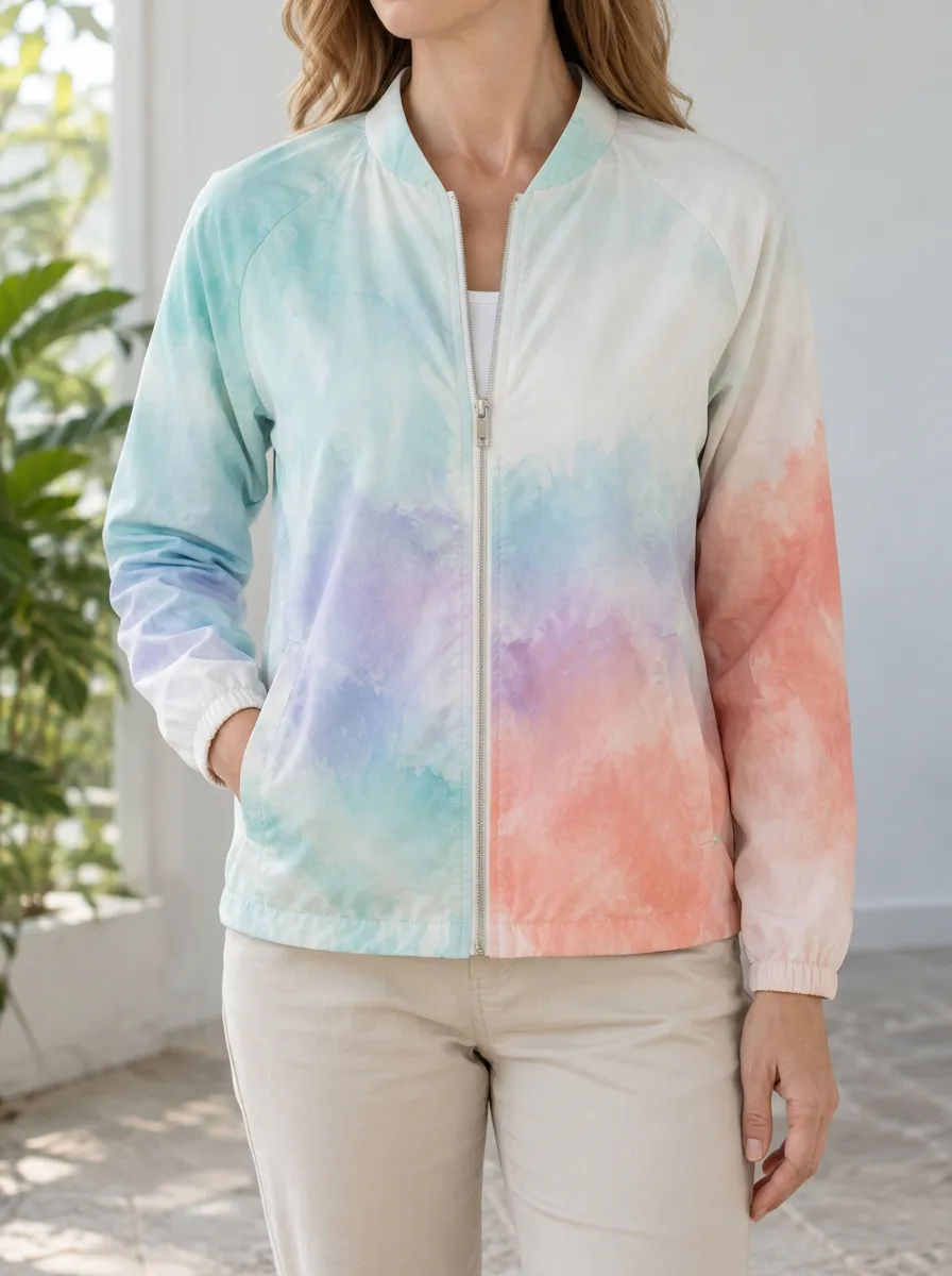 Women's Casual Pastel Watercolor Tie-Dye Bomber Jacket