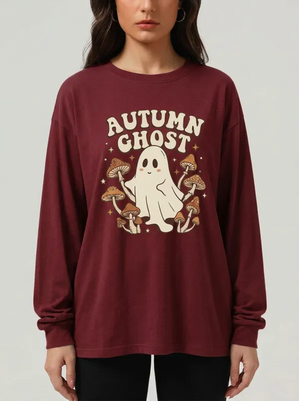 Women's Halloween Autumn Ghost Mushroom Printed Long Sleeve T-shirt