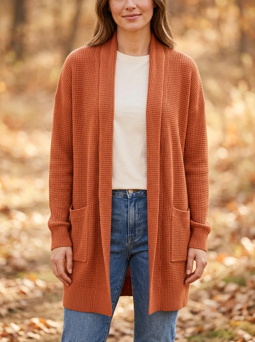 Autumnal Waffle-Knit Knit Cardigan