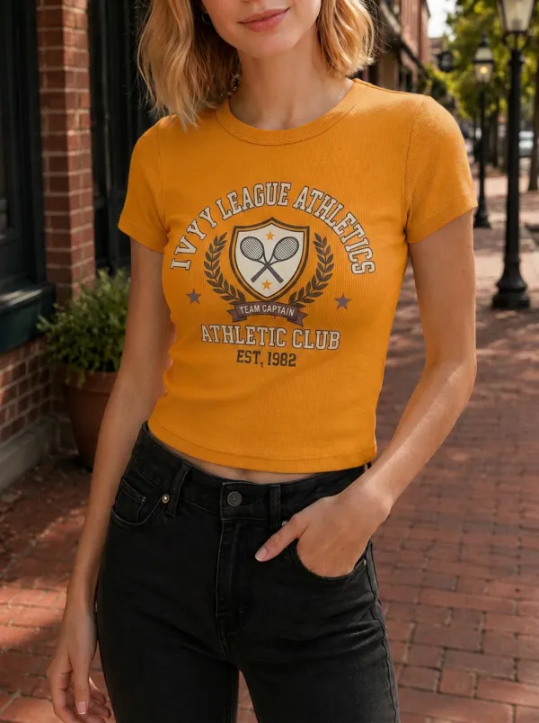 Women's Ivy League Tennis Lover Shield Printed Crop T-shirt