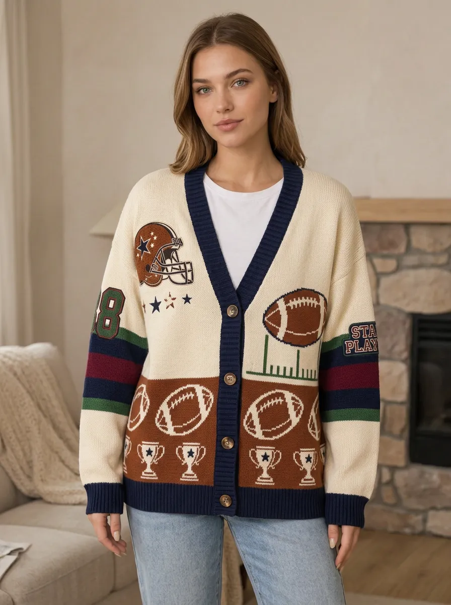 Women's Traditional Gridiron Helmet Trophy Ball Knit Cardigan