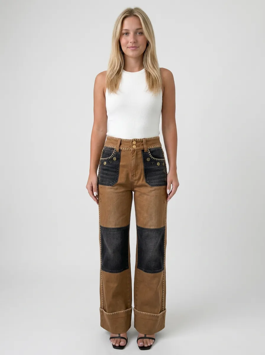 Women's Celestial Western Patchwork Printed Wide Leg Jeans