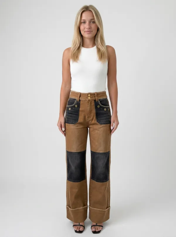 Women's Celestial Western Patchwork Printed Wide Leg Jeans