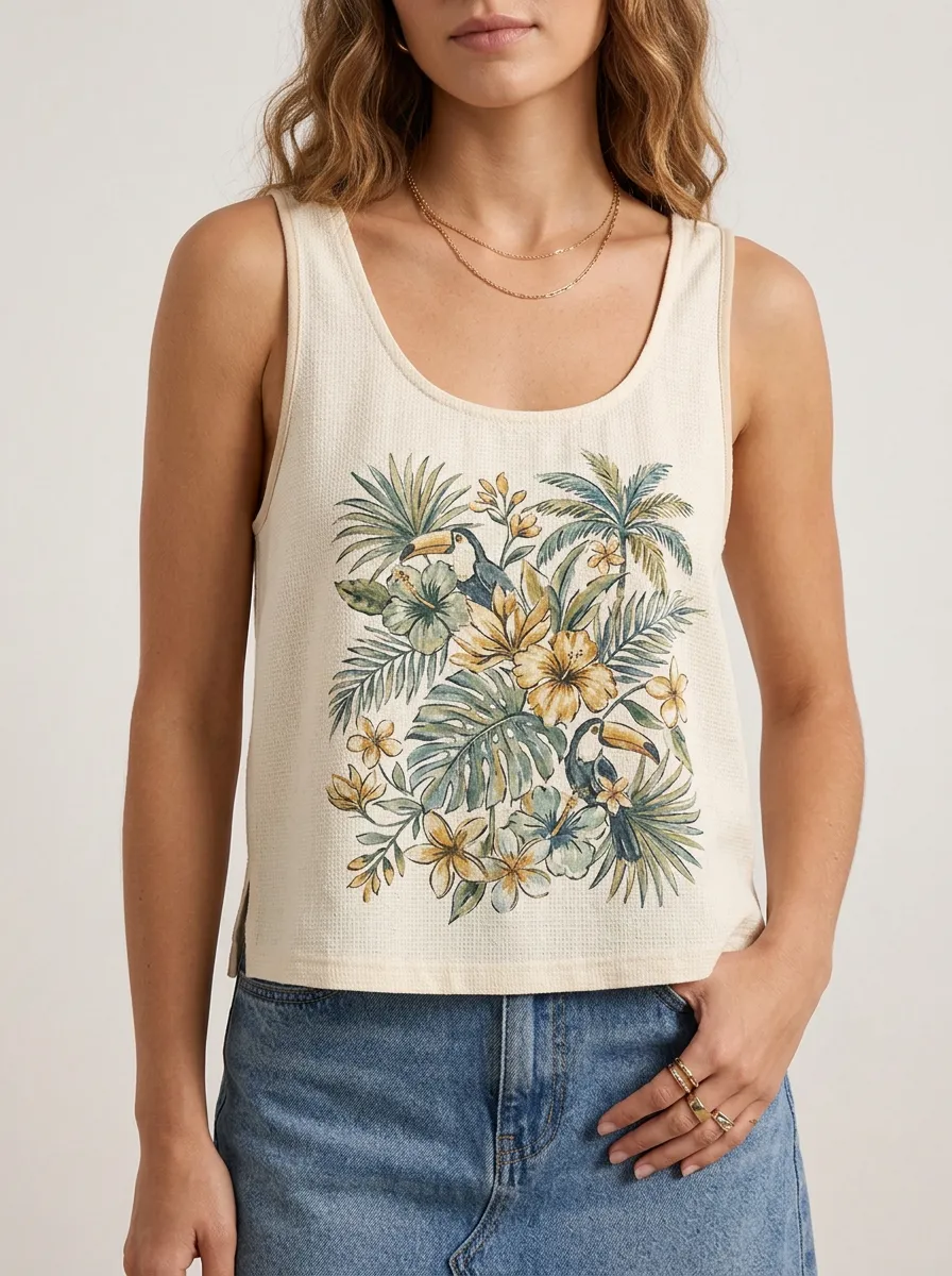 Women's Tropical Toucan Floral Printed Waffle Tank Top