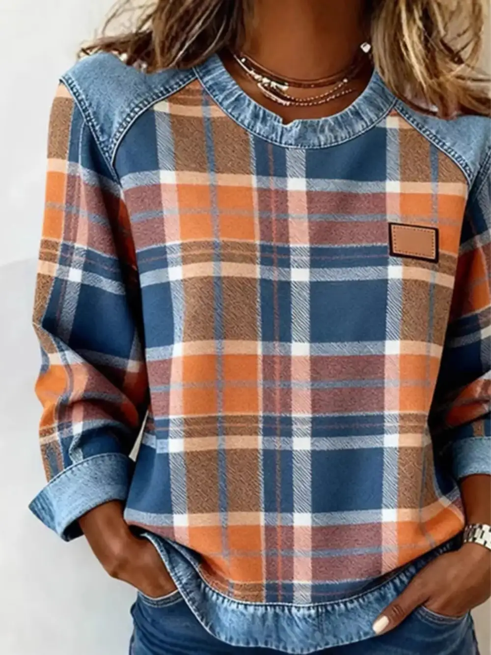 Plaid Denim Trim Long Sleeve Sweatshirt