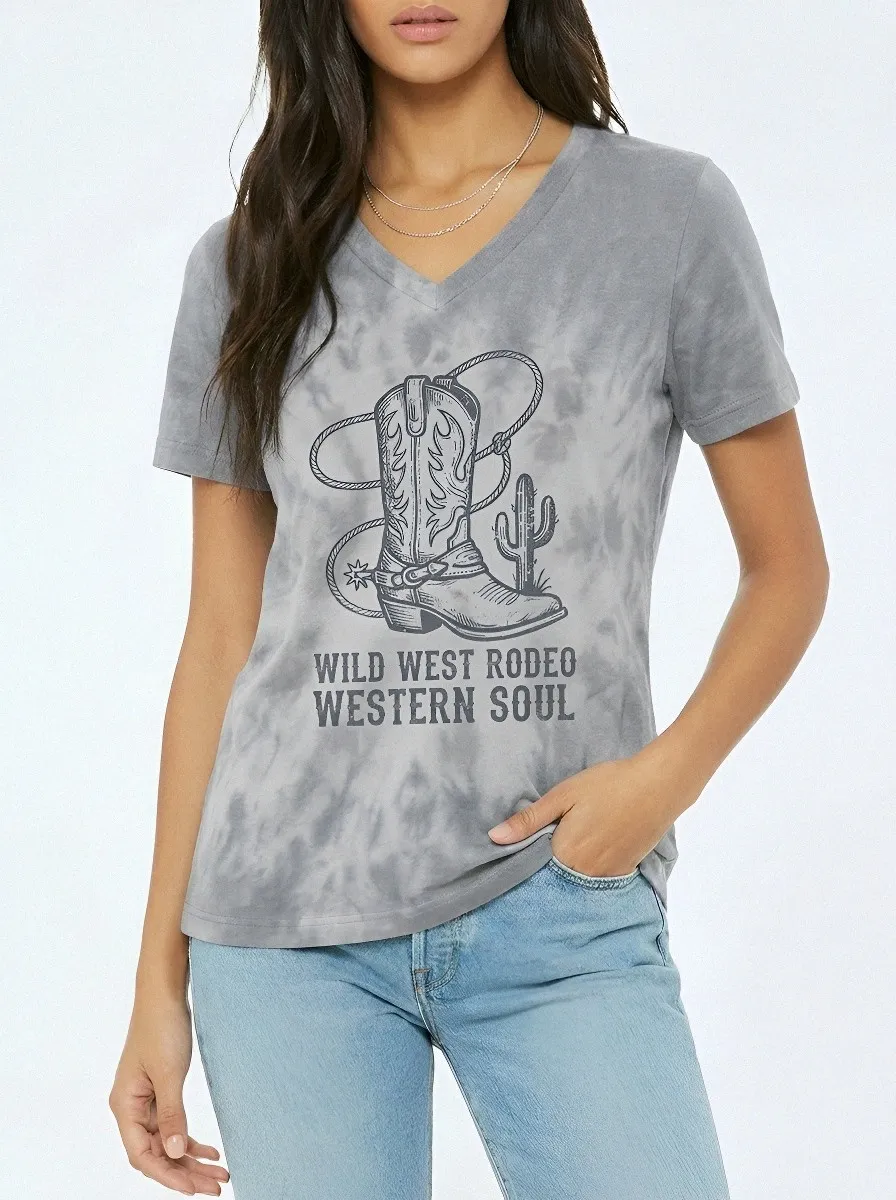Women's Western Rodeo Cowboy Boot Cactus Printed Tie-Dye V-Neck T-Shirt