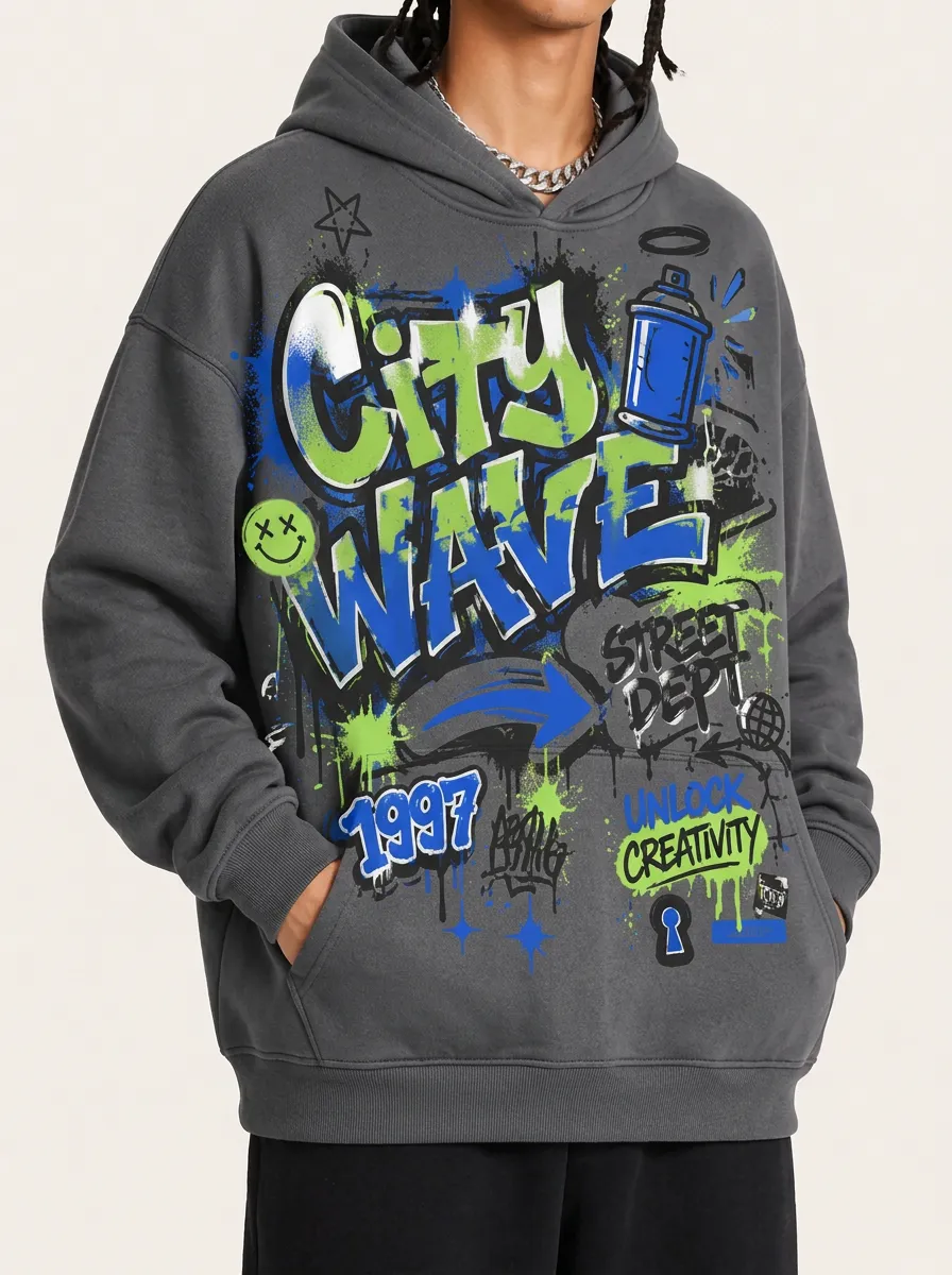 Men's City Wave Streetwear Graffiti Printed Hoodie