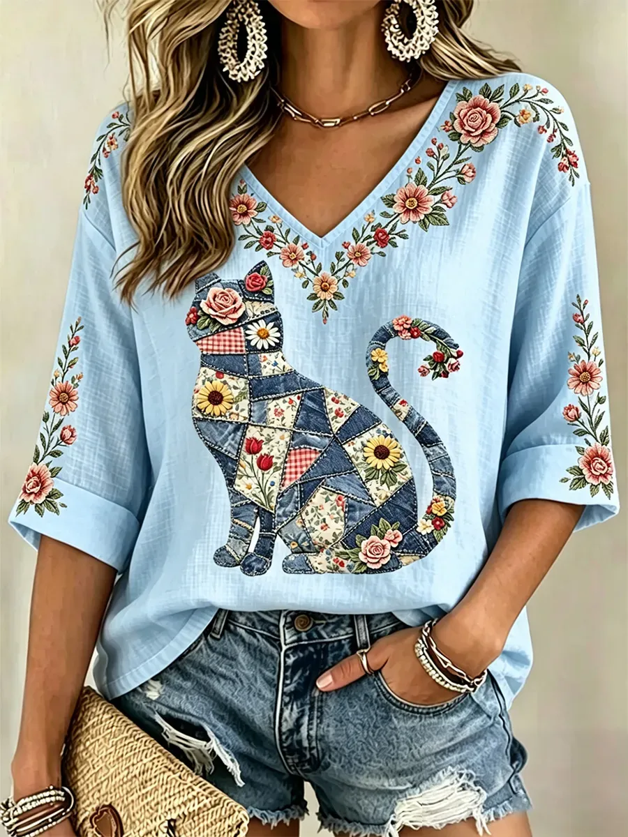 Women'S Floral Cat Print Casual V-Neck Top