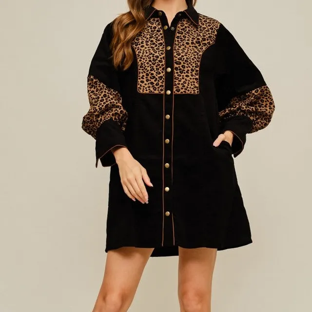 Animal Print Corduroy Puff Sleeve Button Front Dress