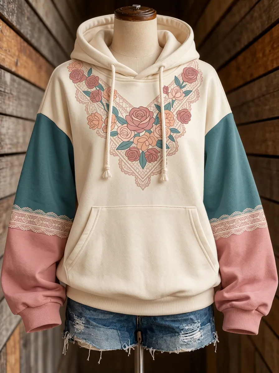 Women's Western Style Rose Lace Printed Hoodie