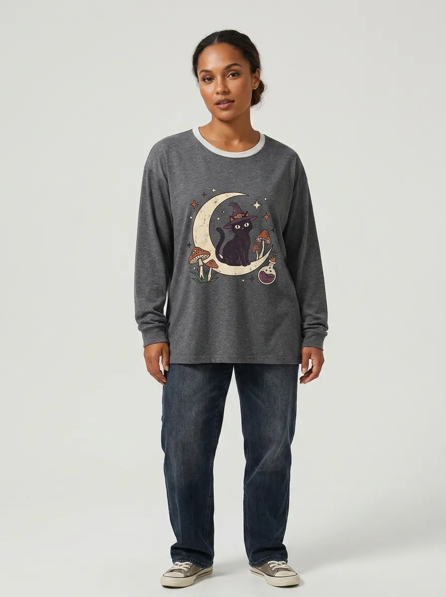 Women's Halloween Witch Cat Moon Mushroom Printed Long Sleeve T-shirt