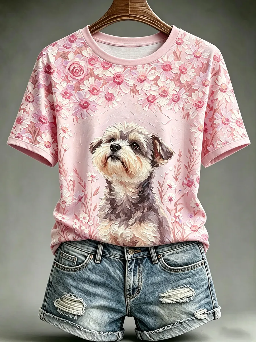 Women's Oil Painting Animal Dog Printed Vintage Fashion Loose Short Sleeve T-Shirt