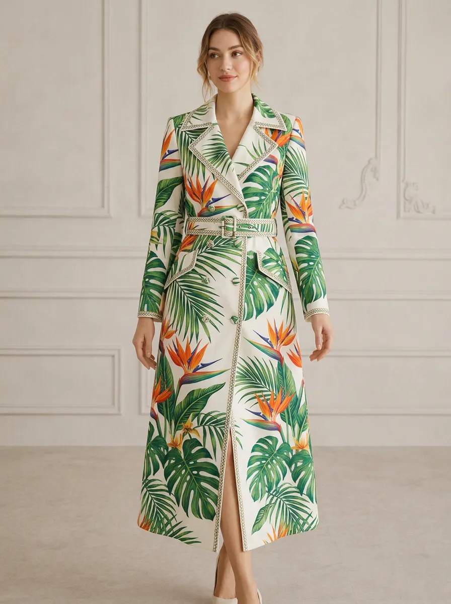 Women's Tropical Botanical Bird of Paradise Printed Trench Coat