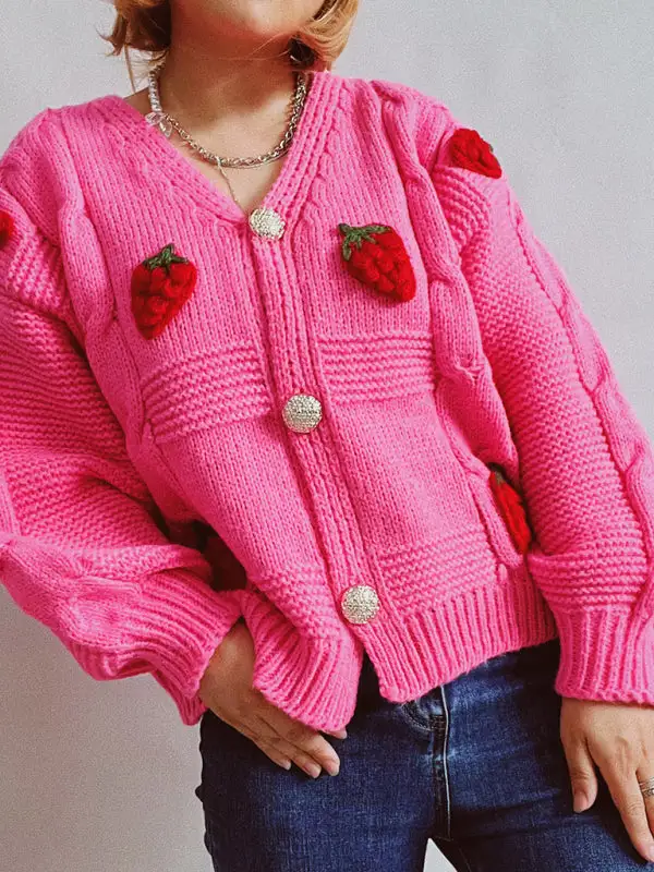 Single-Breasted Relaxed Knit Embroidered Cardigan