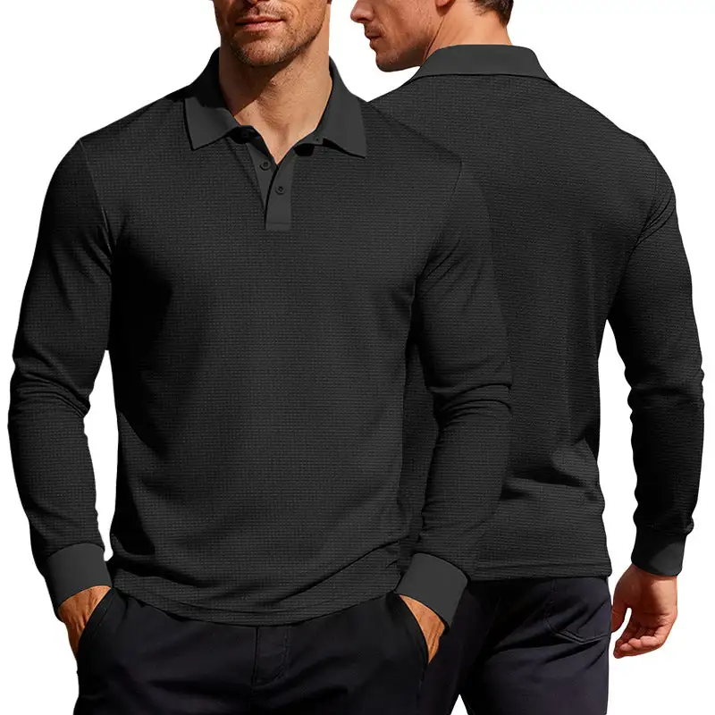 Waffle Texture Button Placket Long Sleeve Slim Fit Polo Shirt
