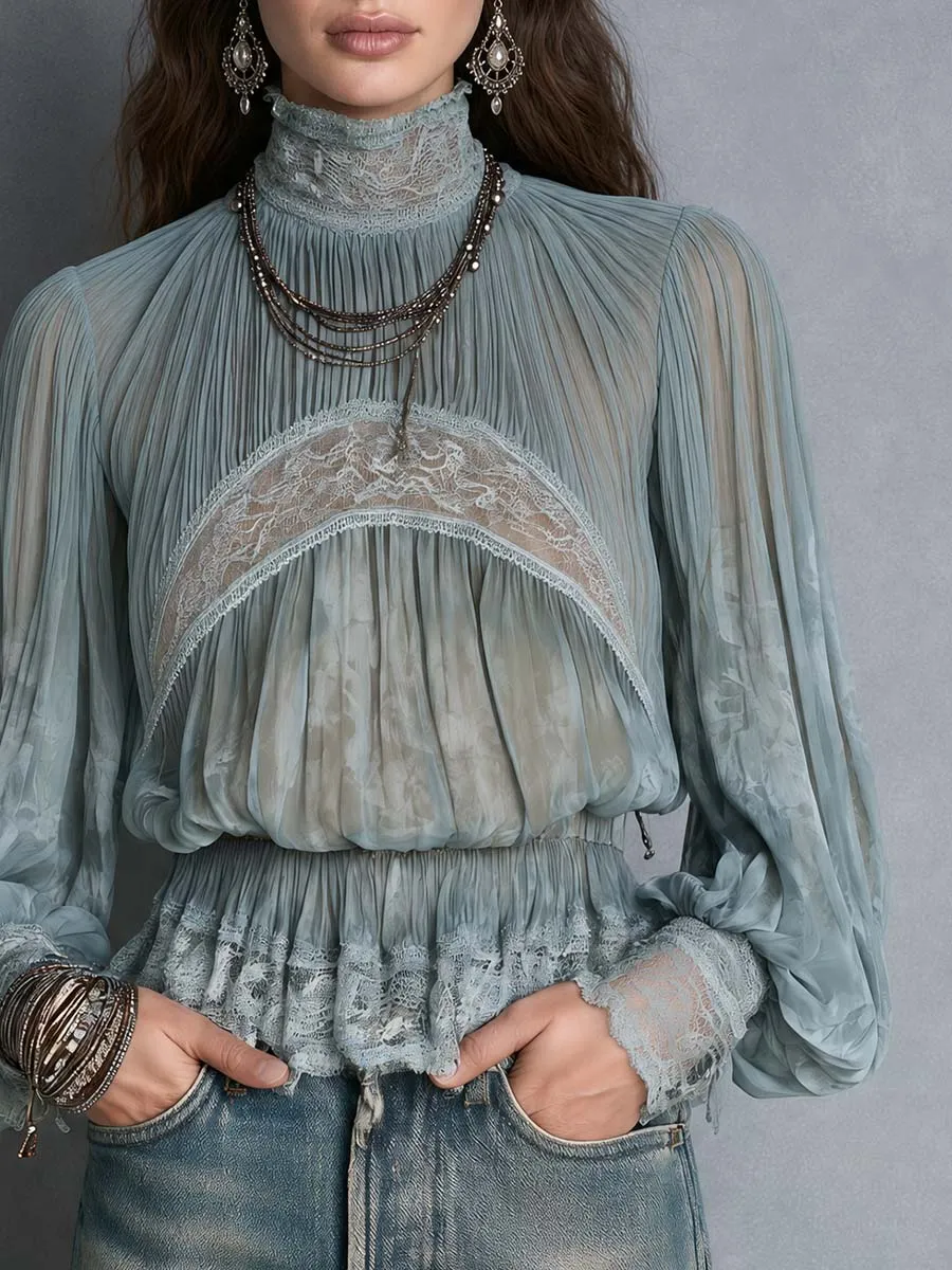 Bohemian Sheer Pleated Lace Trim High Neck Blouse With Balloon Sleeves